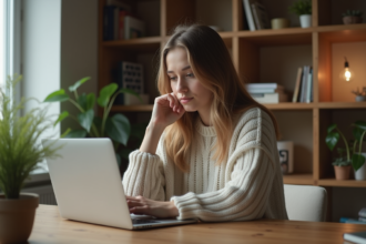 Jeune femme au bureau à domicile avec ordinateur