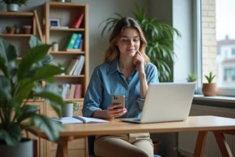 Jeune femme au bureau concentrée sur son ordinateur portable