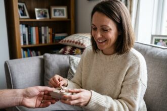 Femme souriante ouvrant une boîte à bijoux dans un salon