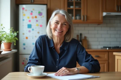 Femme souriante dans la cuisine avec calendrier marqué
