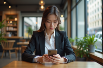 Jeune femme au café utilisant son smartphone