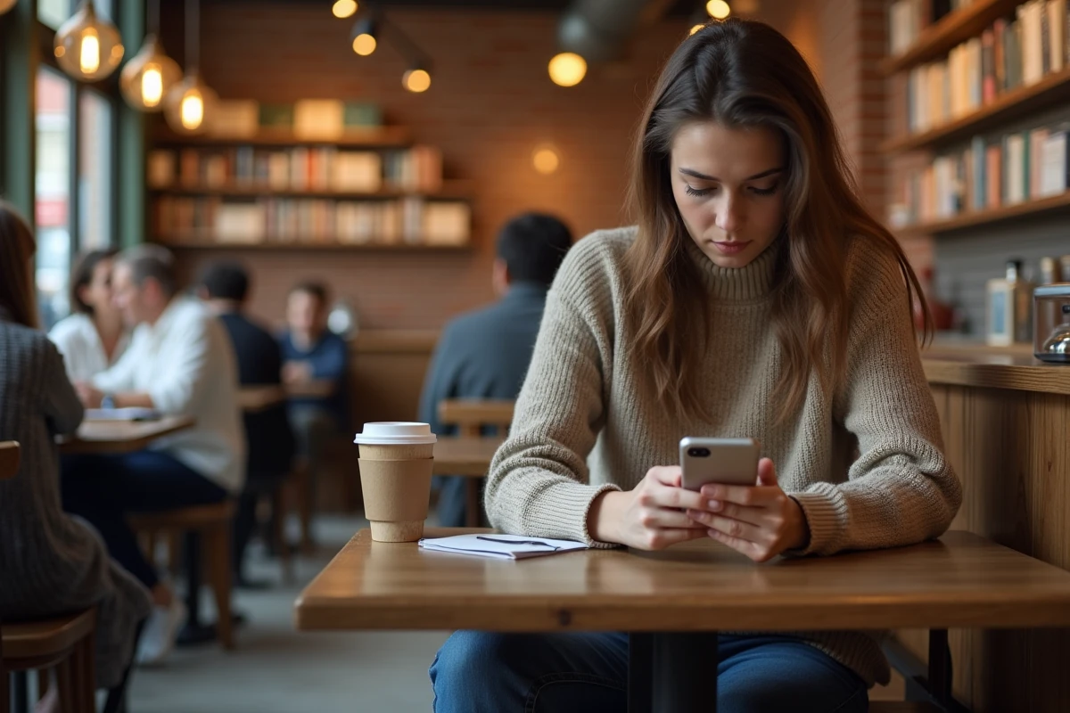 Femme dans un café utilisant son smartphone