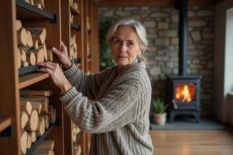Femme d'âge moyen empilant du bois dans un intérieur moderne