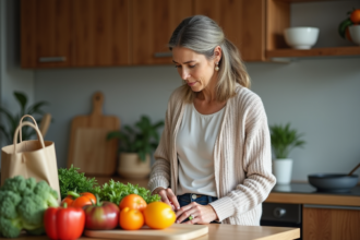 Femme d'âge moyen triant des légumes frais dans la cuisine