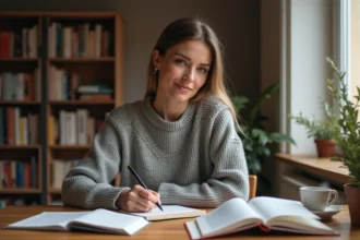 Femme écrivant dans un cahier avec des livres de grammaire française ouverts sur un bureau en bois
