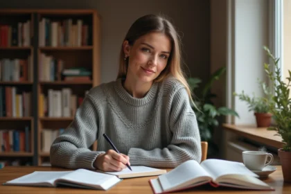 Femme écrivant dans un cahier avec des livres de grammaire française ouverts sur un bureau en bois