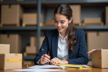Jeune femme mesurant un colis dans un entrepôt organisé
