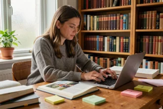 Femme consultant une encyclopédie imprimée et un wiki en ligne sur son ordinateur portable dans un bureau à domicile