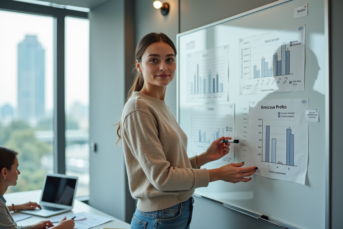 Jeune femme expliquant des chiffres sur un tableau blanc