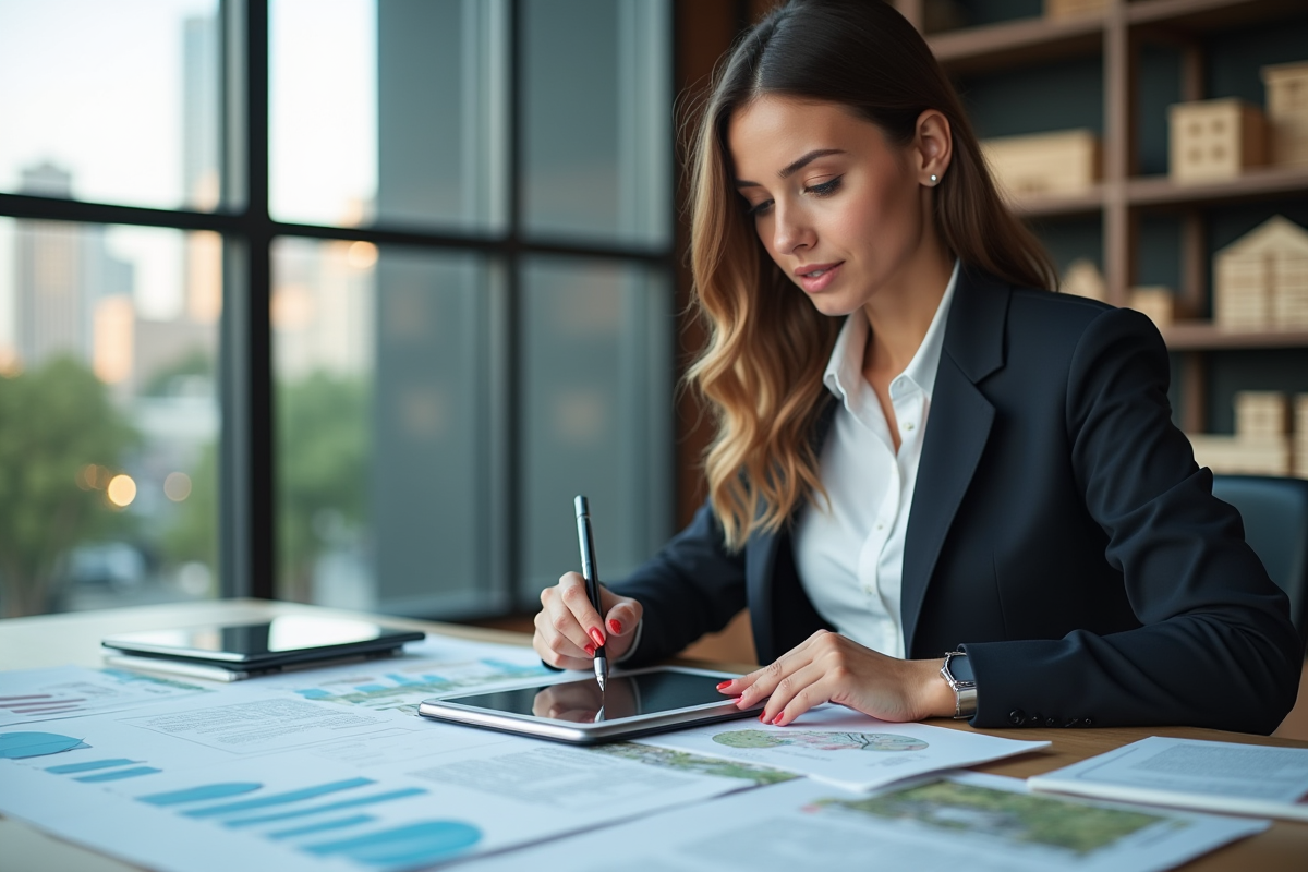 Jeune femme professionnelle analysant des documents immobiliers