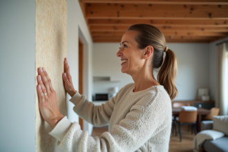 Femme appliquant des panneaux d'isolation sur un mur intérieur