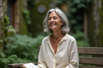 Femme sereine tenant un journal de citations spirituelles dans un jardin paisible, sourire apaisé
