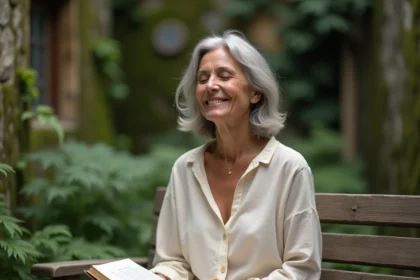 Femme sereine tenant un journal de citations spirituelles dans un jardin paisible, sourire apaisé