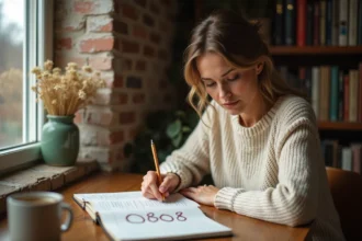 Femme pensive notant la signification du nombre 0808 dans un journal à la maison