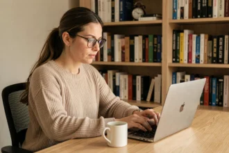 Femme lisant les actualités Enkirama sur un ordinateur portable dans un bureau à domicile moderne et chaleureux