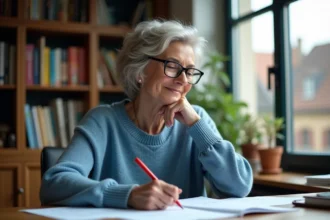 Femme concentrée relisant des paroles de chanson dans un bureau cosy