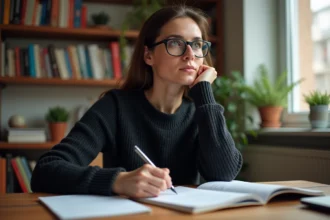 Femme concentrée lisant un livre de grammaire française