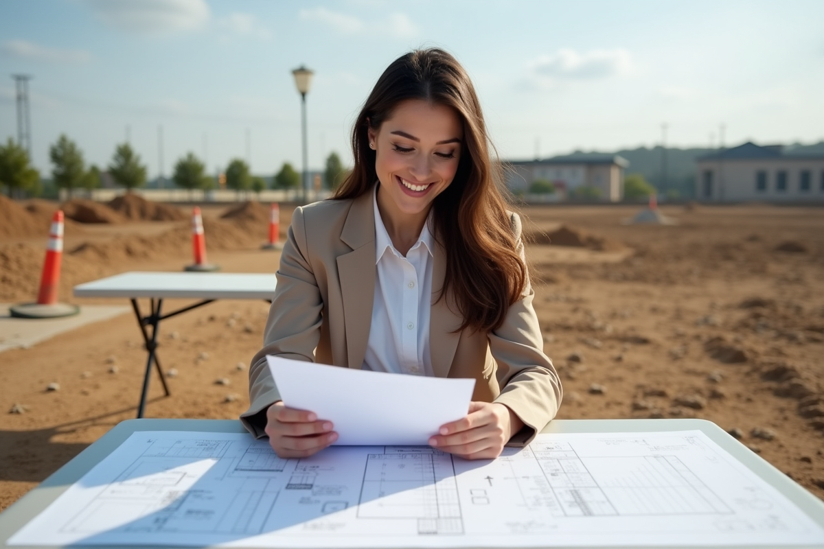 Femme souriante étudie des plans sur un terrain en construction