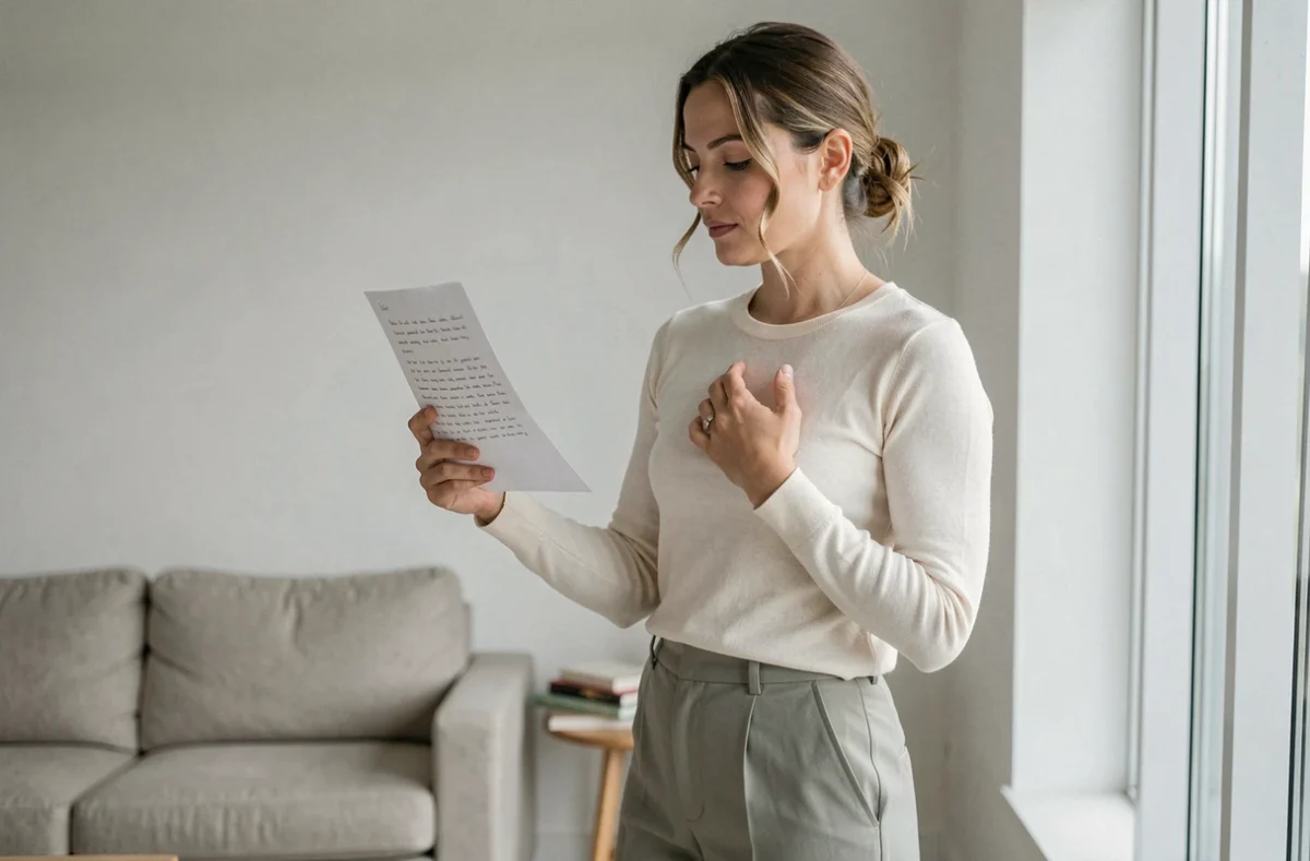 Femme lisant une lettre manuscrite d'une amie avec une expression nostalgique et touchante, symbolisant les liens profonds de la vraie amitié