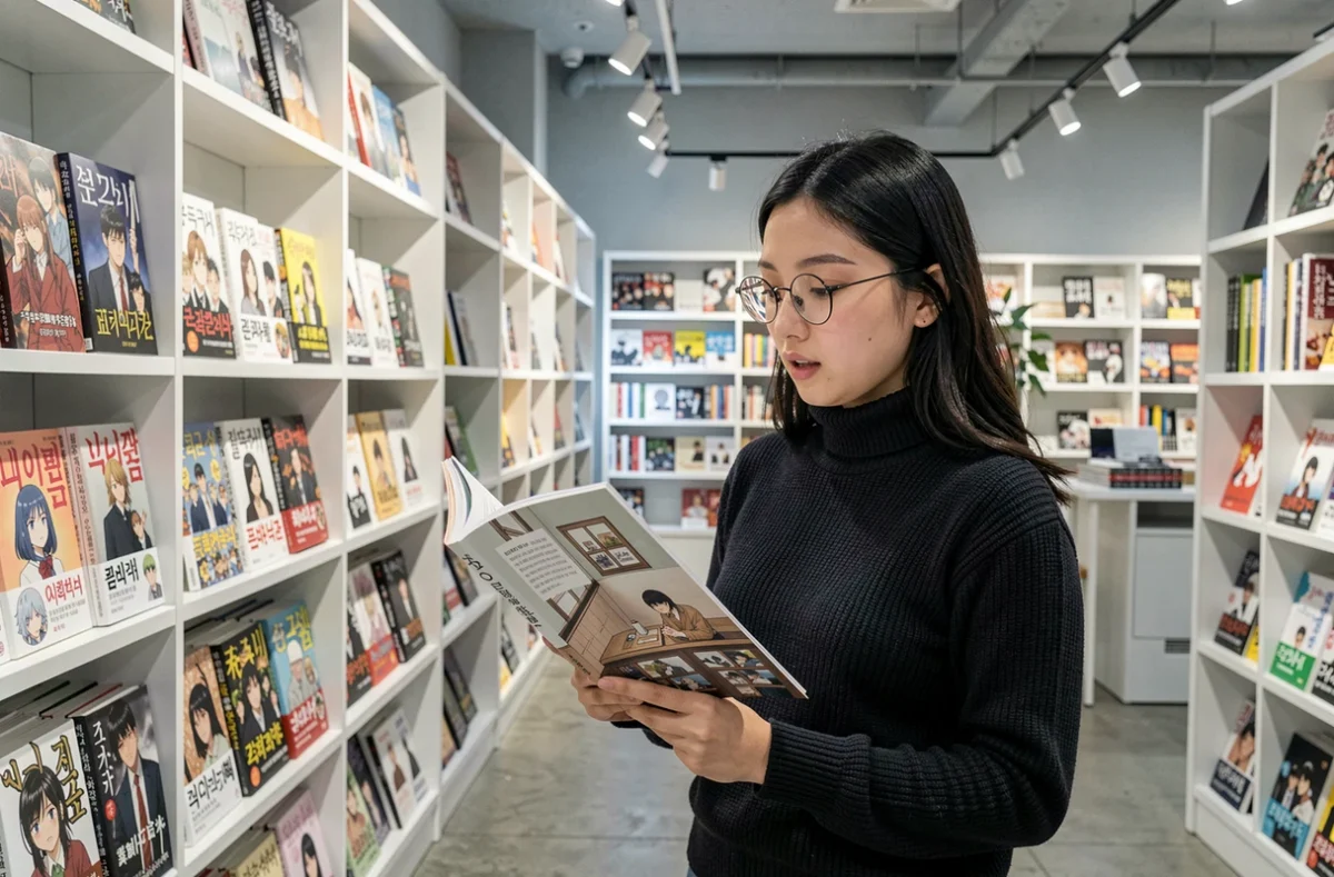Jeune femme parcourant un rayon de manhwa dans une librairie moderne, tenant un volume ouvert, ambiance contemporaine et urbaine