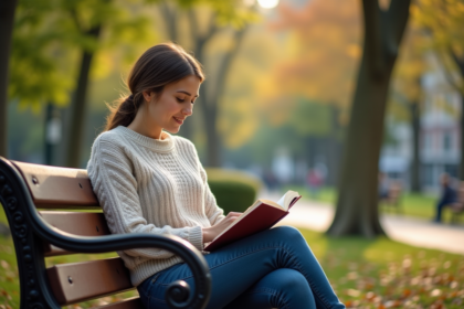 Femme lisant dans un parc urbain en douceur