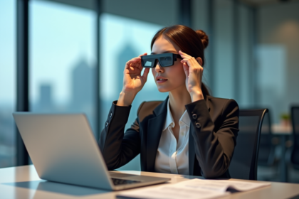 Femme en blazer ajustant ses lunettes AR dans un bureau moderne
