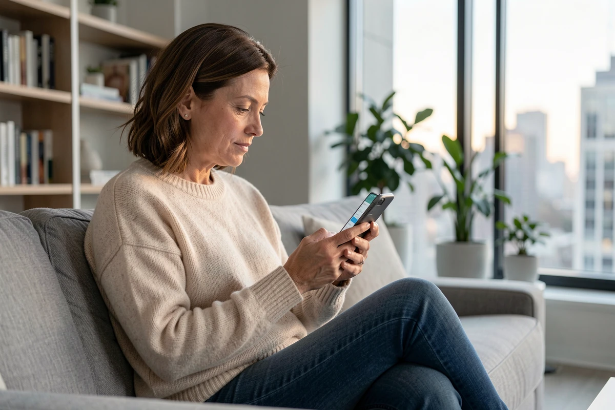 Femme mature et indépendante consultant une application de rencontres sur son smartphone depuis son appartement moderne, représentant l'utilisation de JM Cougars pour trouver une relation durable ou une rencontre sans lendemain