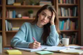 Jeune femme prenant des notes orthographiques dans un carnet avec des aide-mémoires colorés sur un bureau en bois