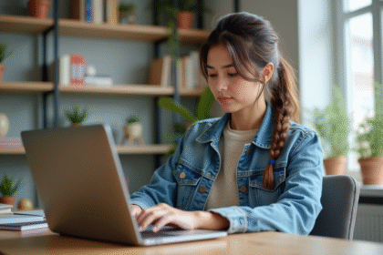 Jeune femme concentrée utilisant un ordinateur portable dans un bureau lumineux