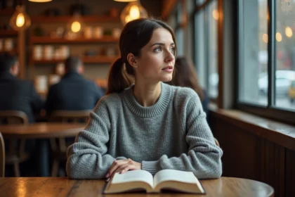 Femme pensive lisant un livre dans un café sous la pluie, touchée par la signification émotionnelle d'une symphonie littéraire