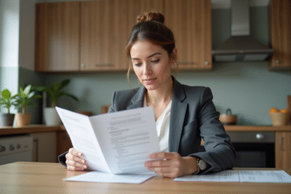 Femme d'affaires à la maison examine des documents de prêt immobilier