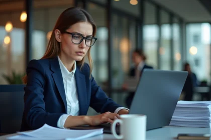 Femme en blazer marine lisant les conditions de confidentialité sur son ordinateur portable dans un bureau moderne, illustrant la protection des données personnelles