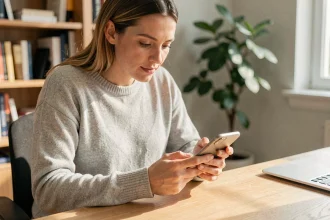 Femme utilisant une application de raccourcis sur smartphone pour automatiser la conversion livres en kilogrammes