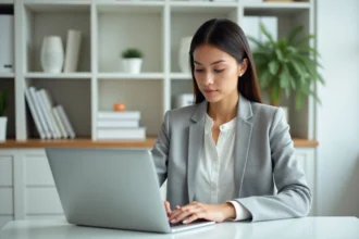 Femme professionnelle rédigeant un article sponsorisé sur Scoopium depuis son bureau à domicile
