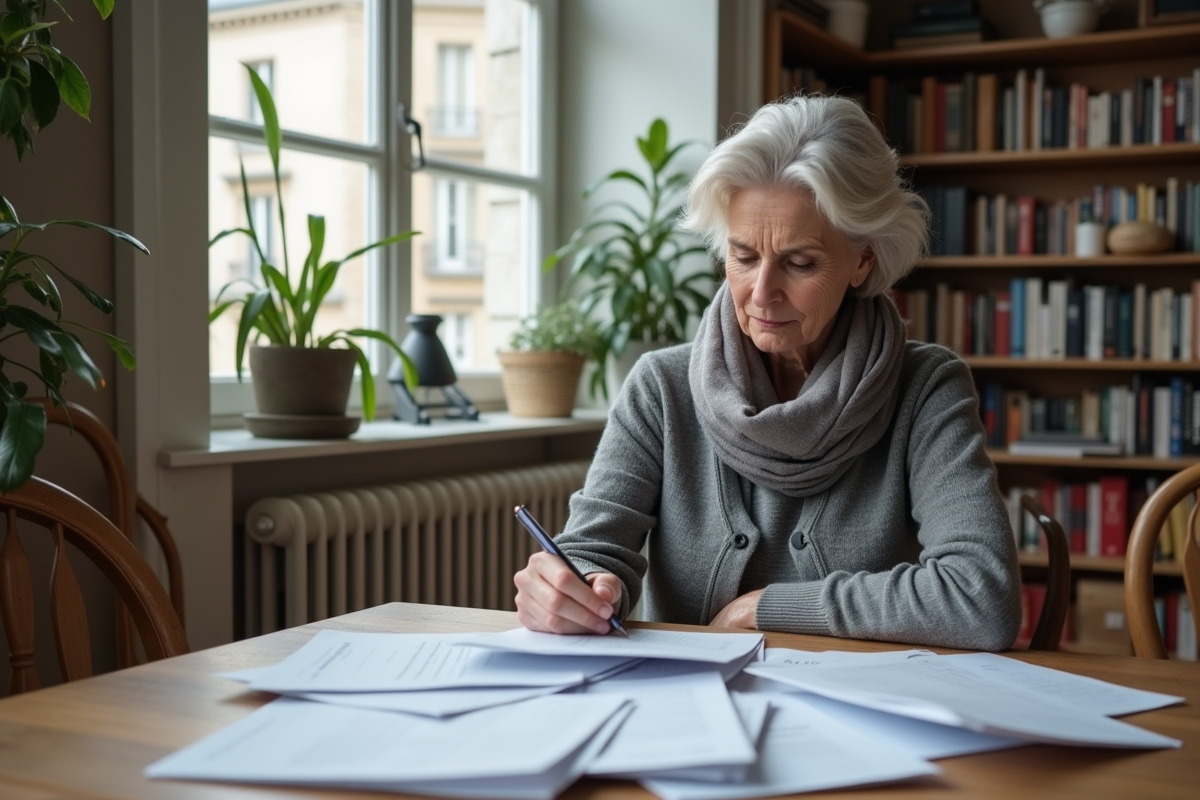 Femme retiree examine ses papiers dans son appartement