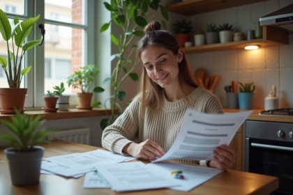 Jeune femme regardant des factures et annonces de logement