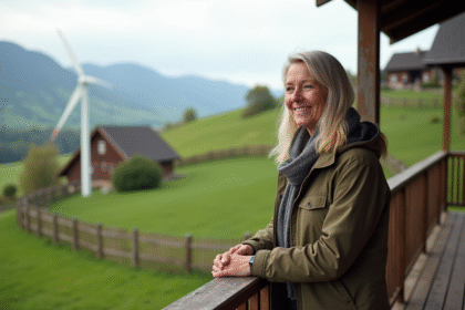 Femme au porch avec vue sur collines et moulins