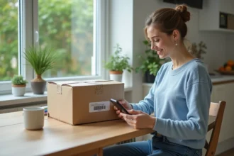 Femme scannant un colis avec son smartphone à la maison