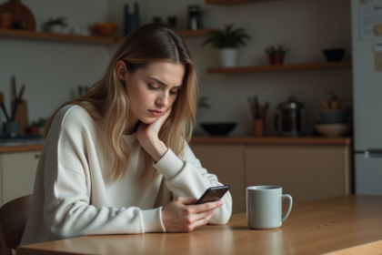 Femme assise à une table de cuisine en réflexion