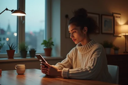Femme seule à la maison regardant son smartphone en soirée