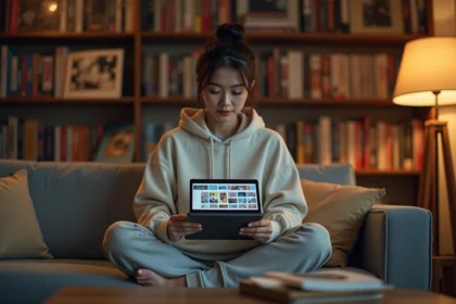 Jeune femme suivant ses séries manga sur une tablette dans un salon cosy entouré de volumes manga