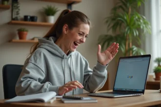 Femme surprise en train de regarder l'animation Do a Barrel Roll sur Google depuis son ordinateur portable à la maison