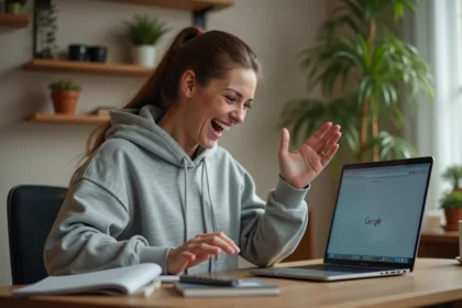 Femme surprise en train de regarder l'animation Do a Barrel Roll sur Google depuis son ordinateur portable à la maison
