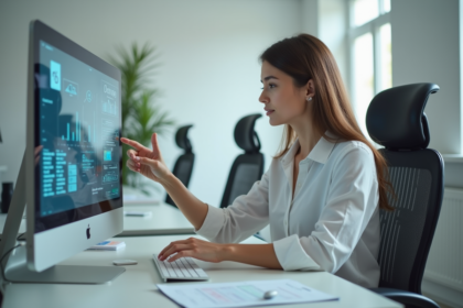 Femme en bureau moderne utilisant un écran tactile
