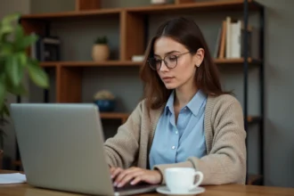 Jeune femme concentrée sur son ordinateur dans un bureau cosy