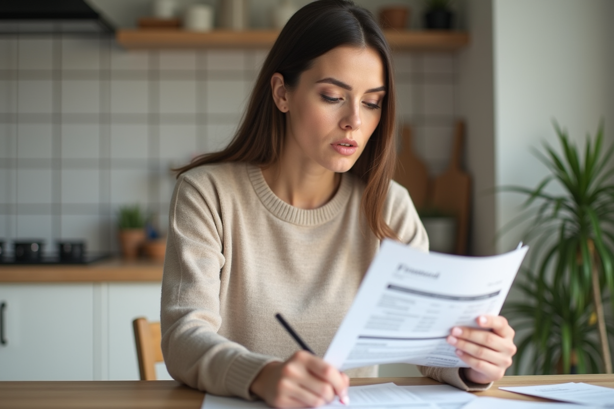 Femme utilisant son ordinateur dans une cuisine lumineuse