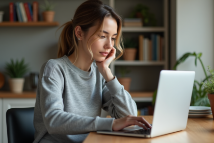 Jeune femme travaillant sur son ordinateur à la maison