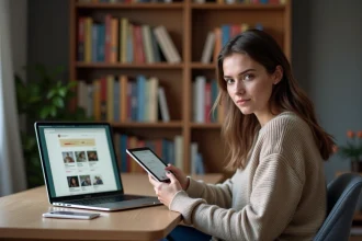 Jeune femme réfléchissant avec tablette dans un appartement
