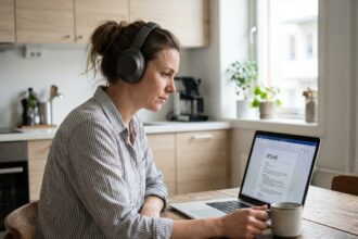 Femme en télétravail refine son CV dans un intérieur moderne