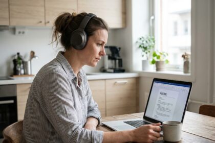 Femme en télétravail refine son CV dans un intérieur moderne